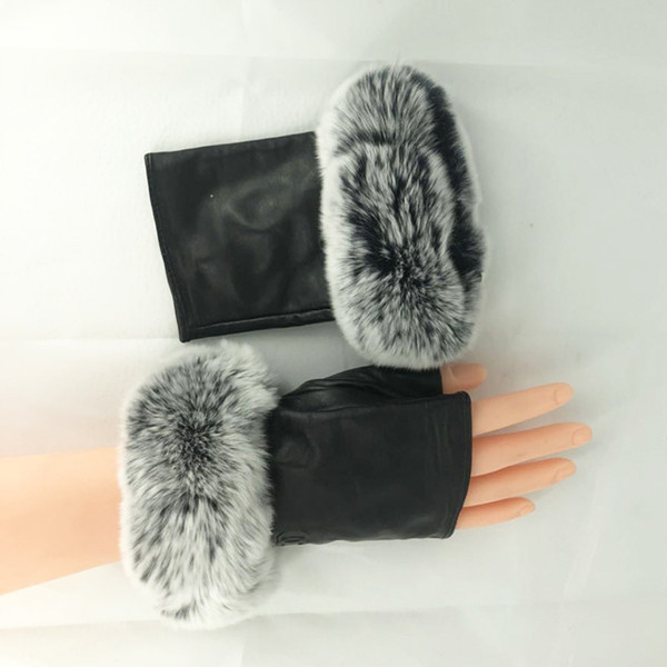 High-end brand leather full touch screen gloves women really half off the mouth of rabbit fur autumn winter warm sheepskin points for outdoo