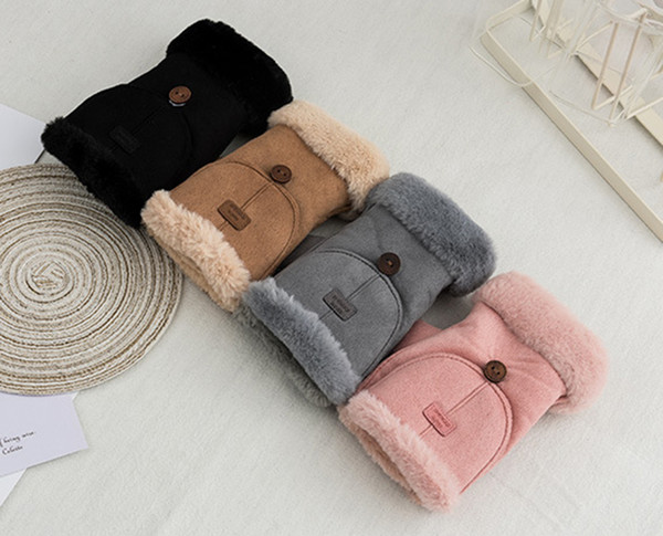 Winter cute solid color plus velvet flip half finger warm winter cold suede gloves female