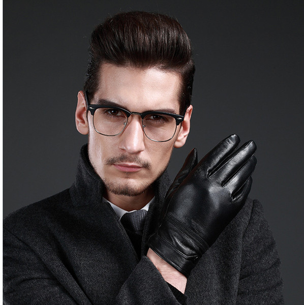 Temperament leather solid color classic black men plus velvet warm sheepskin different size gloves winter