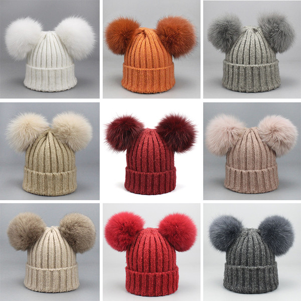 Double poms melon beanie female autumn and winter knit Skull Caps fox fur ball wool hat thick warm Beanie wholesale head hat