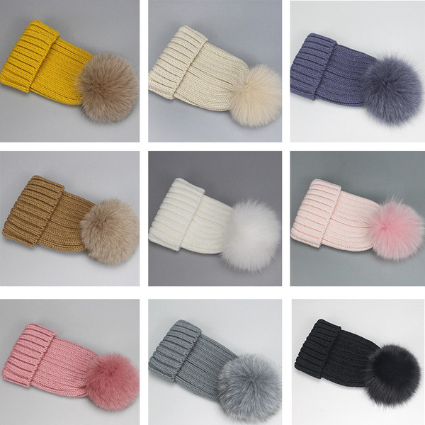 Knitted wool hat fox fur ball cap hat autumn and winter warmth wool ball capless hats adult Children hat