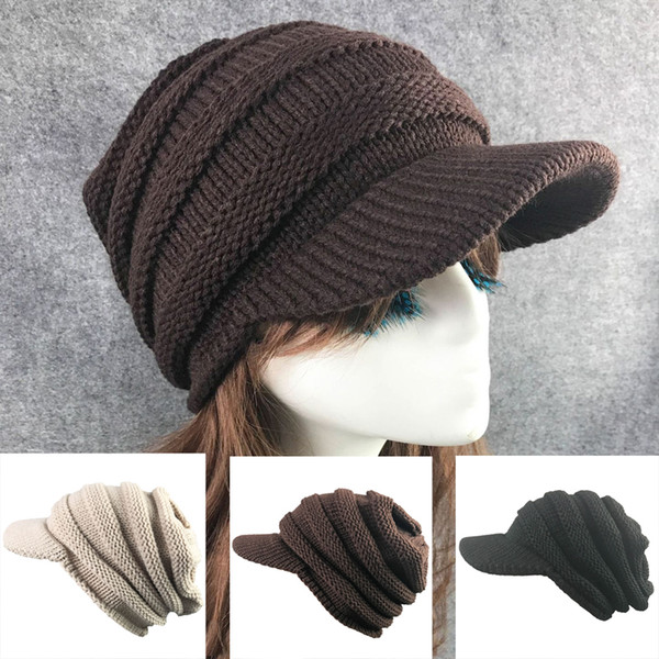 Casual Hat Women Winter Warm Knit Hat Rabit Fur Snow Ski Brim Caps With Visor Berets