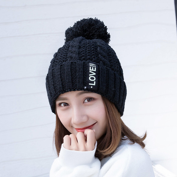 Korean Autumn Winter Outdoor Plus Velvet Thick Letters LOVE Wool Hat Women Tide Warm Ear Hair Ball Knit Hat