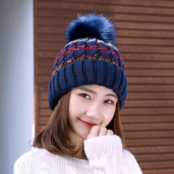 New Korean Autumn Winter Women Hat Curling Fight Color Wool Cap Wool Ball Warm Wool Knit Hat