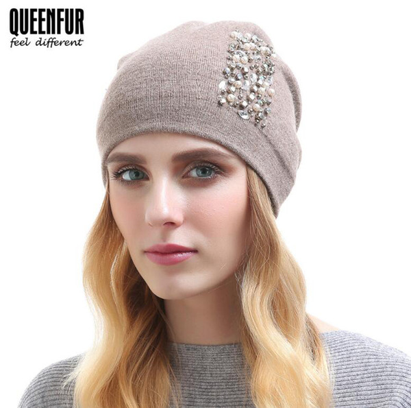 New Outdoor Sport Beanie Caps For Women Autumn Winter Rhinestone Knitted Hat Fashion Double Warm Cashmere Hat