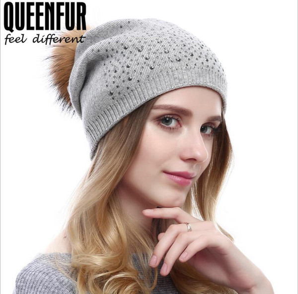 New Knitted Cashmere Skull Caps Autumn Winter Ladies Fashion Hair Ball Cap With Rhinestone Warm Headgear