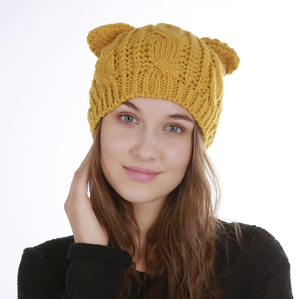 Autumn And Winter Warm Women knit Hat New Twist Cat Ears Wool Berets Casual Solid Beanie Caps