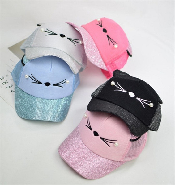 Children Lovely Hats New Kids Cat Baseball Cap With Cute Cat Ears Curved Brim Snapback Hat Cat Face Pearl Caps Outdoor Mesh Hats