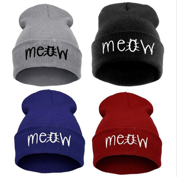 Designer Cat Meow Letters Embroidery Knitted Acrylic Beanies Hats Sports Winter Warmer Hip Hop Caps Adults Mens Womens Black Solid Colors