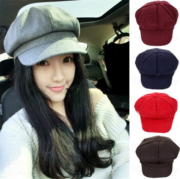 New Outdoor Warm Autumn Winter Fashion Cute Female Woolen Newsboy Cap Baseball Cap Solid Octagonal Style Fashion Painter Cap