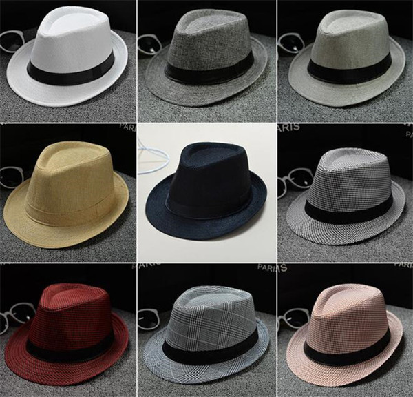 50pcs Vogue Men Women Cotton/Linen Straw Hats Soft Fedora Panama Hats Outdoor Stingy Brim Caps J067