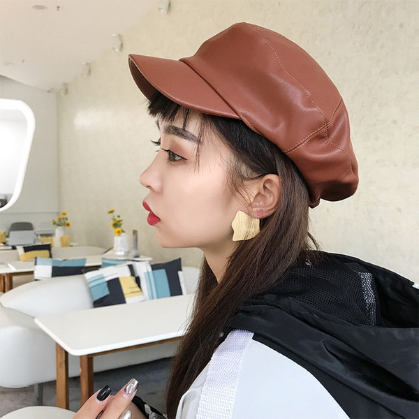 Autumn and Winter PU Leather Hat Fashion Women Beret Newsboy Cap Retro Female Snapback Cap Leisure Hat