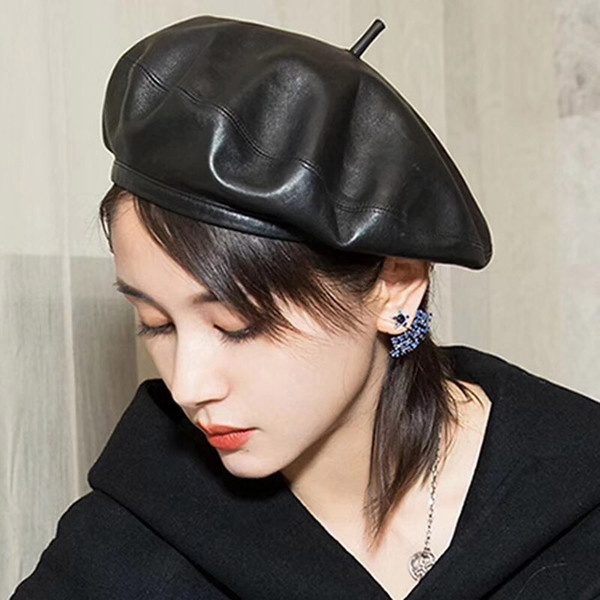 Women's Faux Leather Beret Solid Plain Flat PU Berets Hats French Style Cap Winter Spring Cute Hat Beanie Hat