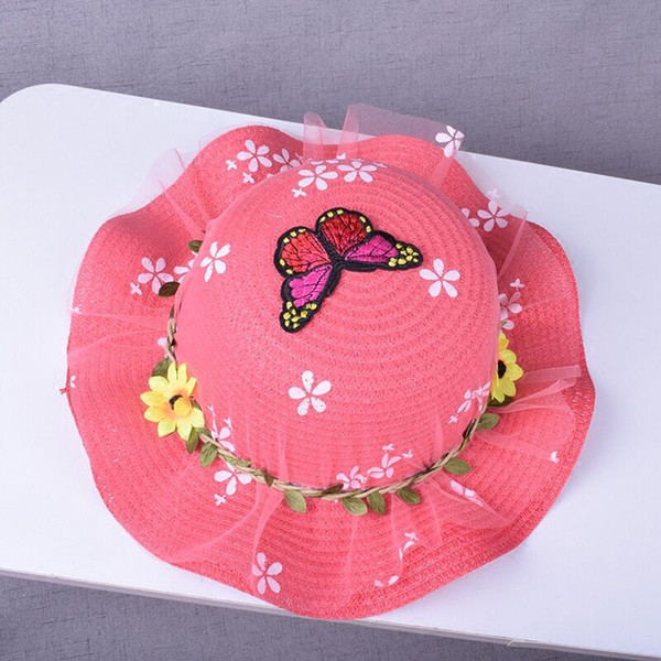 2018 Fashion Girl's Straw Hat Summer Outing Sun Protection Baby Sun Hat Butterfly Flower Design Lace Edge