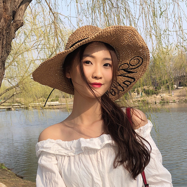 2018 Hot Sale Brand New South Korean Version Sunshade Female Beach Hat Handcrafted Bucket Hat Outdoor Hand-made English Alphabet Embroidery