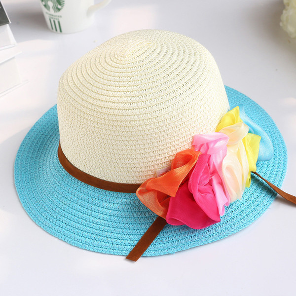 Korean Version of Summer Beach Weave Girl Straw Hat Paper Patchwork Flower Princess Hat Children Sun Protection Hats