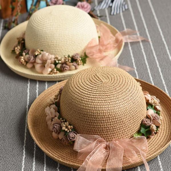 2018 South Korea New Style Hat Flanged Flower Straw Hat Holiday Wreath Sunshade Beach Hat Children