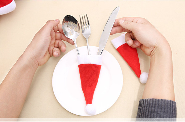 Wholesale hot selling Christmas gifts knife and fork Christmas mini red hats Christmas decoartation party accessories