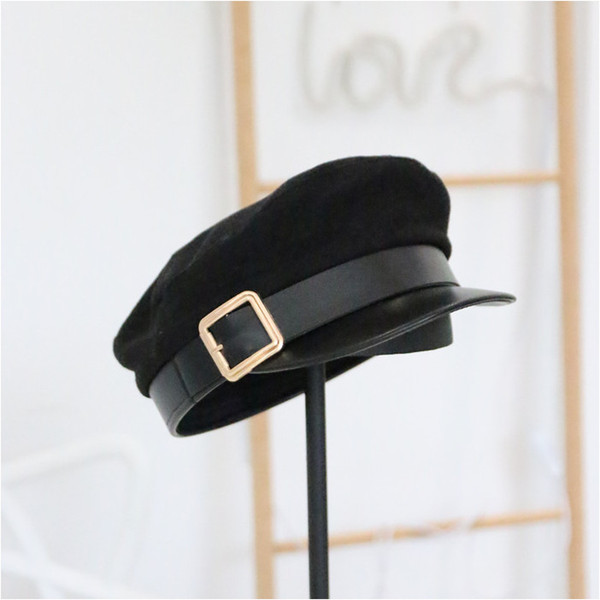 Leather brim spliced flat top woolen navy hat han edition autumn winter metal button duck tongue beret