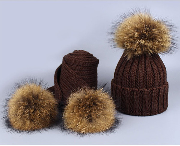 New 2 Pieces Set Children Winter Hat Scarf for Girls Hat Real Raccoon Fur Pom Pom Beanies Woman Cap Knitted Winter Hat Wholesale