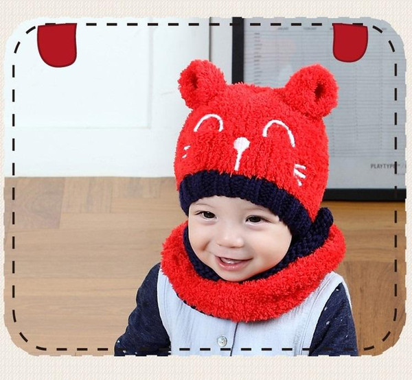 Unisex Child Beanies Cap Set Baby Kids Cartoon Design Stripe Knit Add Velvet Hat and Scarf Winter Warm Suit Set