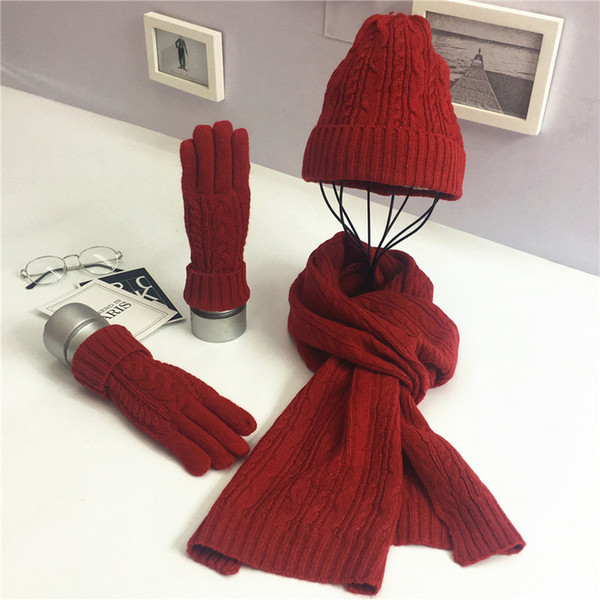 European and American autumn and winter fashion knitted wool three-piece set Solid color warm hooded wool hat scarf gloves set