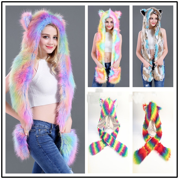 New2018 hot sale Warm cartoon Rainbow pringting Fur Hat Scarf Fluffy Plush Cap Ear Hood Shawl Glove Unisex