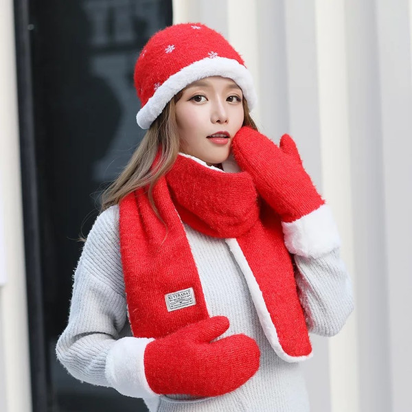 Korean Version Of The New Winter Women's Fashion Solid Color Warm Knit Scarf Hat Gloves Three-piece