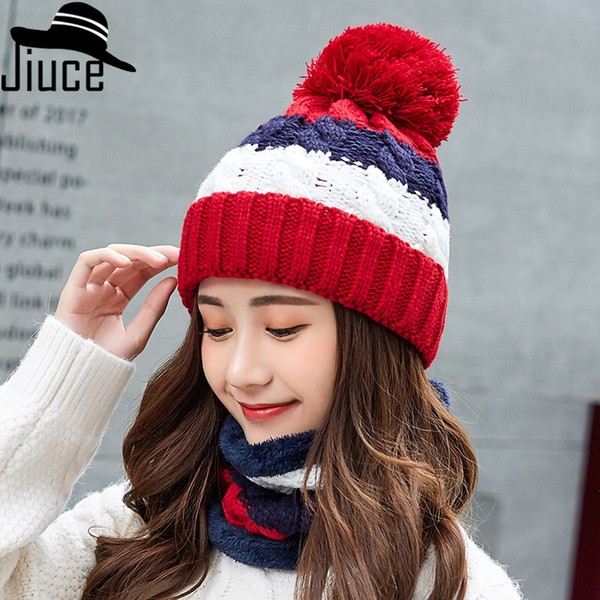 New Fashion Wild Knitted Hat Bib Two-piece Ladies Winter Plus Velvet Thick Warm Color Matching Wool Hat