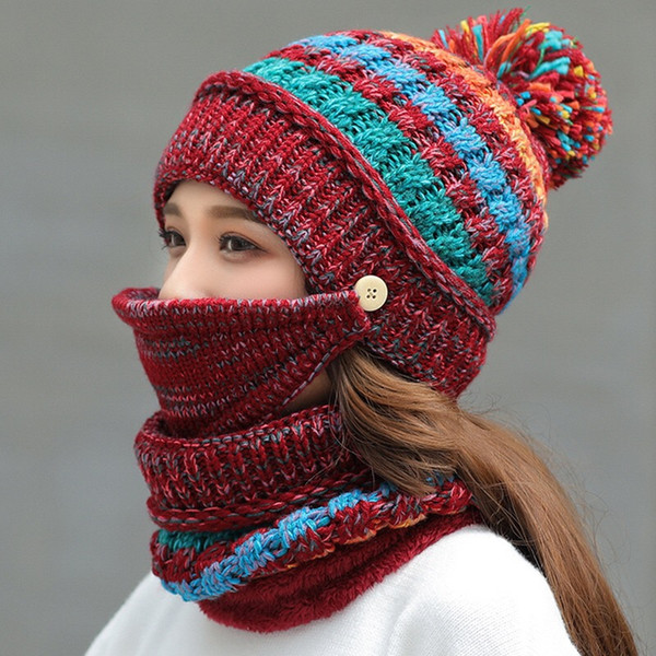 Autumn And Winter New Plus Velvet Knit Hat Bib Mask Three-piece Ladies Riding Face Thickening Wool Hat