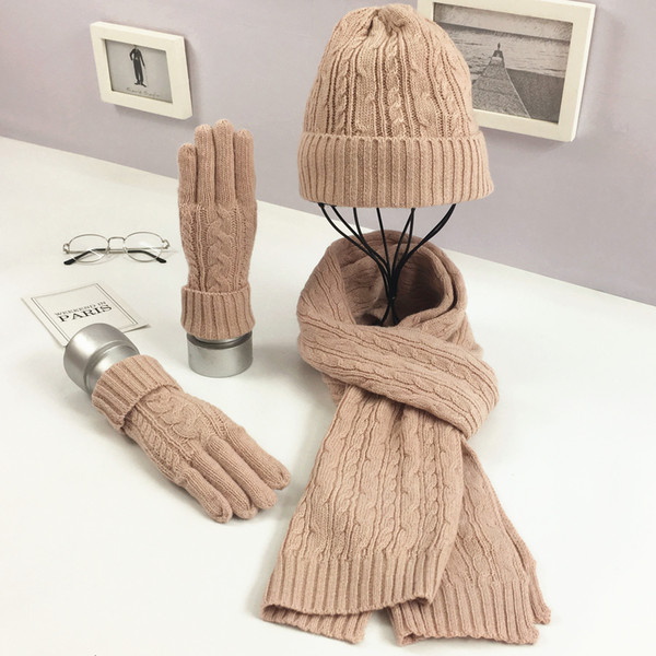 Autumn/Winter New Fashion Solid color Knitting Wool Three-piece Set Of Classic Hemp Hat Scarf Gloves Suit