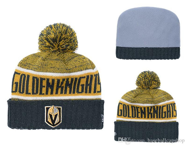 NEW Men's Vegas Golden Knight Knitted Cuffed Pom Beanie Hats Striped Sideline Wool Warm Hockey Beanie Cap Men Women Bonnet Beanies Skul