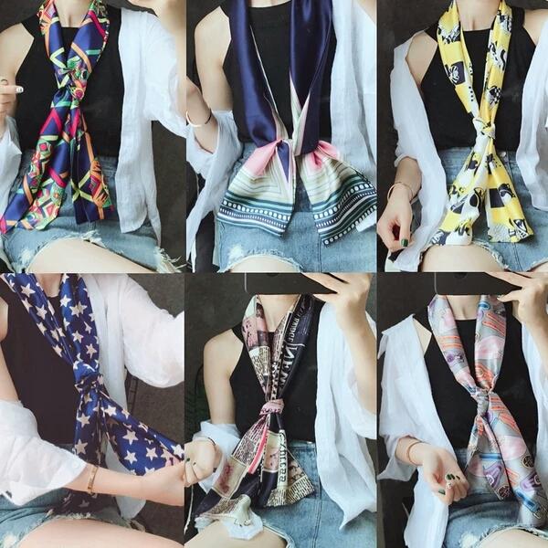 Small scarf lady long Satin double-deck decoration Korean version of spring and summer Baitie long narrow scarf