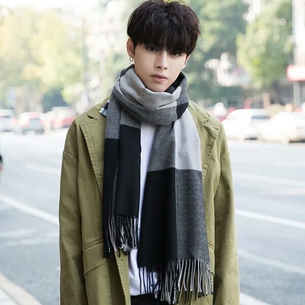 Scarves, men, winter, Korean, students, all around, simple trend, young people's neck thickening, winter English lattice.