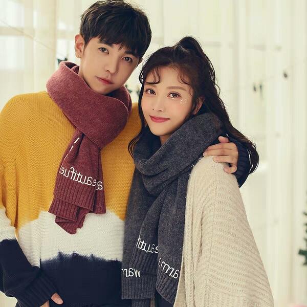 Couple Scarf Winter Wool Embroidery Couple Style Scarf Fashion Korean version of Simple Scarf Trend for Lovers and Women