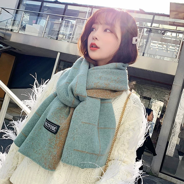 New Korean version of 100 sets of double-color checked scarf female winter wool knitting gradual warmth cute student neck