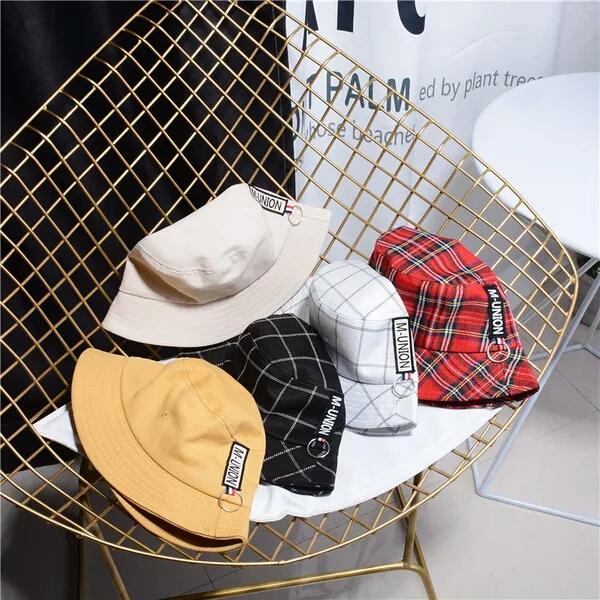 South Korea ulzzang original home wind tape iron ring Street fisherman hat lovers ins grid hip-hop street dance tide pot hat man