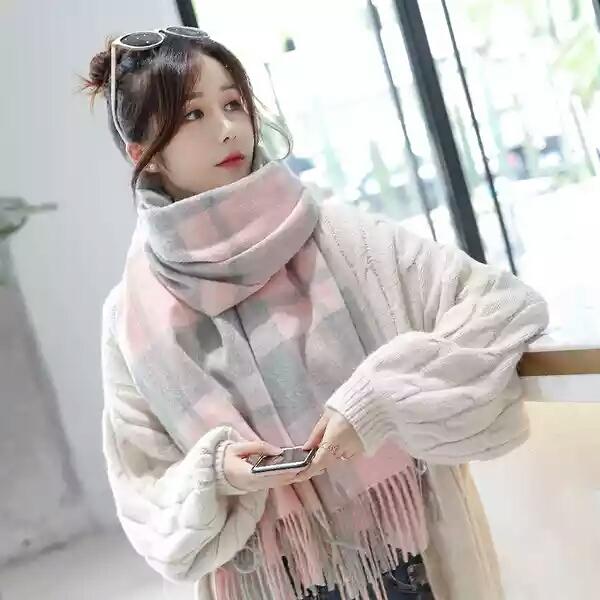 Wool Checker Scarf Female Autumn and Winter Korean Version Baitao Super-large and Thickened Long Shawl Cashmere Neck Bi-purpose Winter