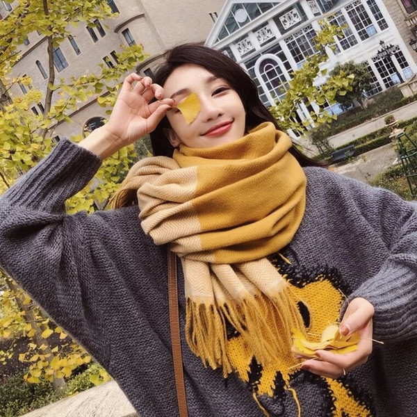 Female Scarf Winter Korean Version Wide-set Lengthened and Thickened Heating New Type of Cashmere-like Double-sided Shawl Student's Neck
