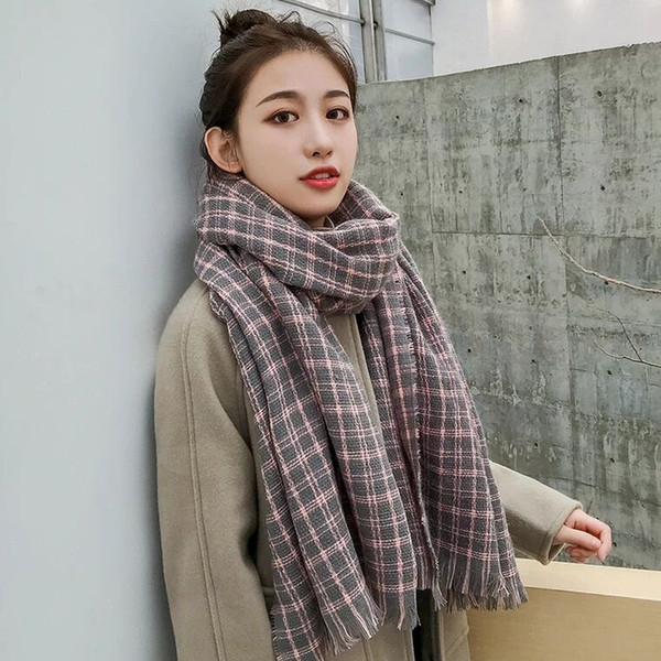 Chequered Scarf Female Autumn Winter Korean Edition Thickened Lovely Student