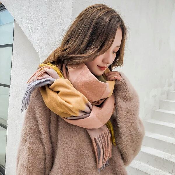 New Korean double-sided checked scarf with warm knitted neck for women in winter and spring and Autumn