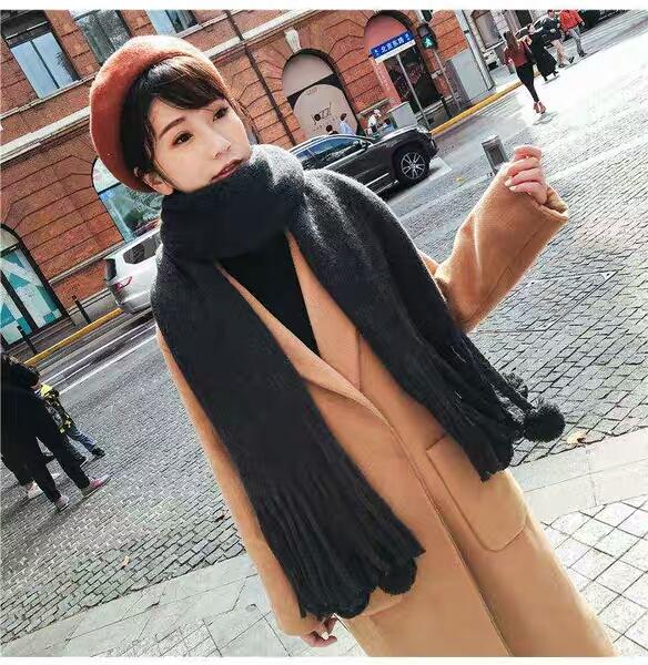 Korean version of the new student's pure-color big wool ball fringed scarf shawl, women's 100 sets of warm winter scarf neck