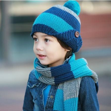 2019 Kids Scarf Set Luxury Knitted Winter Hat Warm Crochet Scarves Outdoor Ski 2 Piece Hat Sets for Girls Boys Child Button stripe