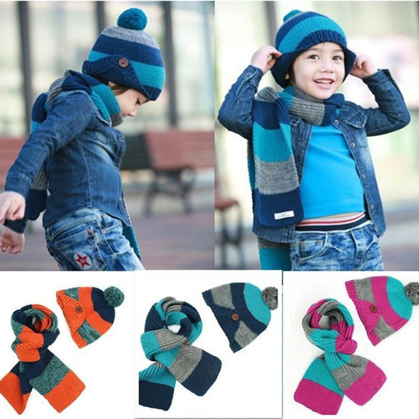 Kids Scarf Set Luxury Knitted Winter Hat Warm Crochet Scarves with Brand Tag Outdoor Ski 2 Piece Hat Sets for Girls Boys Child Button stripe