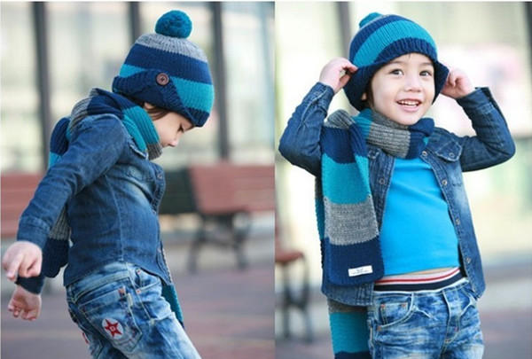 2019 Suit Kids Scarf Set Luxury Knitted Winter Hat Warm Crochet Scarves Outdoor Ski 2 Piece Hat Sets for Girls Boys Child Button stripe