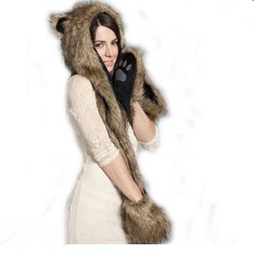 2018 New Fuzzy Warm Animal Fur Hat Scarf Fluffy Plush Cap Ear Hood Shawl Glove Unisex hat set