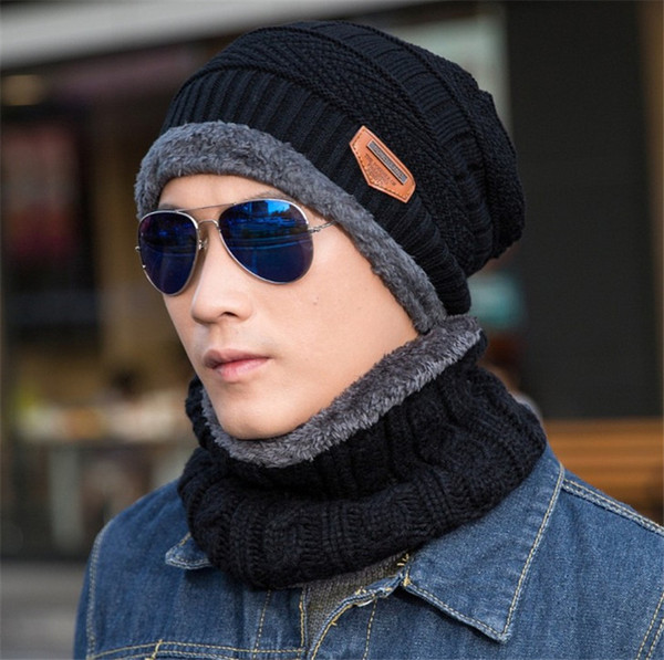 Men Neck Warmer Scarf Cap Skullies Beanies Knitted Wool Hat Winter Plus Cashmere Warm Hooded Men's Hat Collar With The Same Outdoor Hat