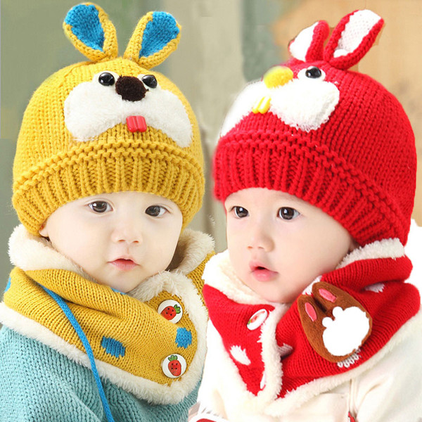 Unisex Children Knitted Caps and Scarf Winter Warm Suit Set Baby Kids Cute Rabbit Pattern Beanies Hat Set MZ3092