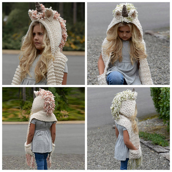 7 Color Girls Unicorn Scarf Winter Hat Wrap Unicorn Caps Cute Autumn Warm Children Wool Knitted Hooded Scarf 6pcs