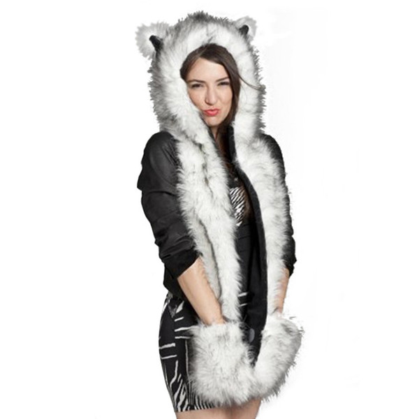 Wholesale-2015 Warm Winter Faux Animal Fur Hat Fluffy Scarf Shawl Glove Plush Cap Gloves Hats 20% OFF Xmas a2